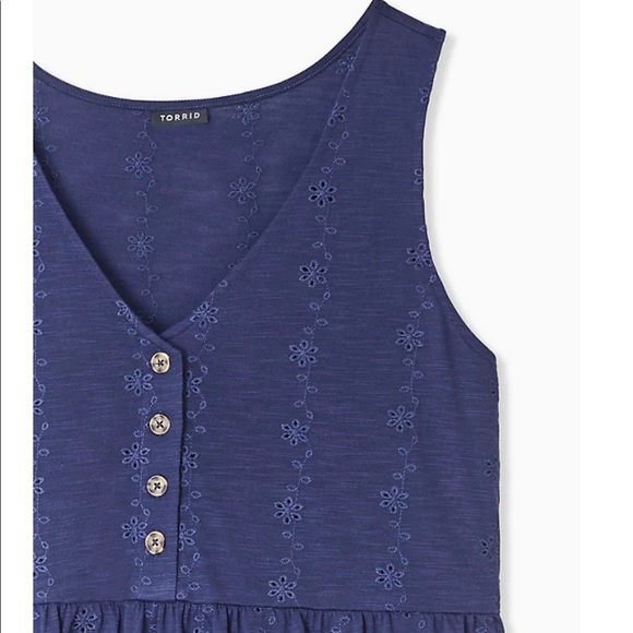 Navy Eyelet Shirred Hem Babydoll Tank - Picture 2 of 4